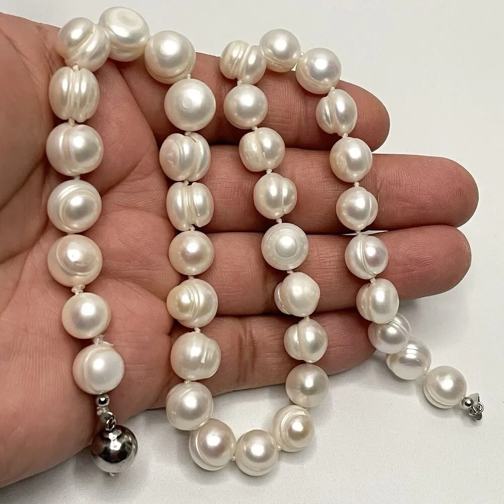 Stunning Large Freshwater Pearl Beaded Knotted Necklace Sterling Silver Clasp